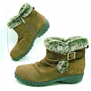 Khombu Womens Lindsey Brown Suede Leather Round Toe Ankle Faux Fur Boots Size 7M